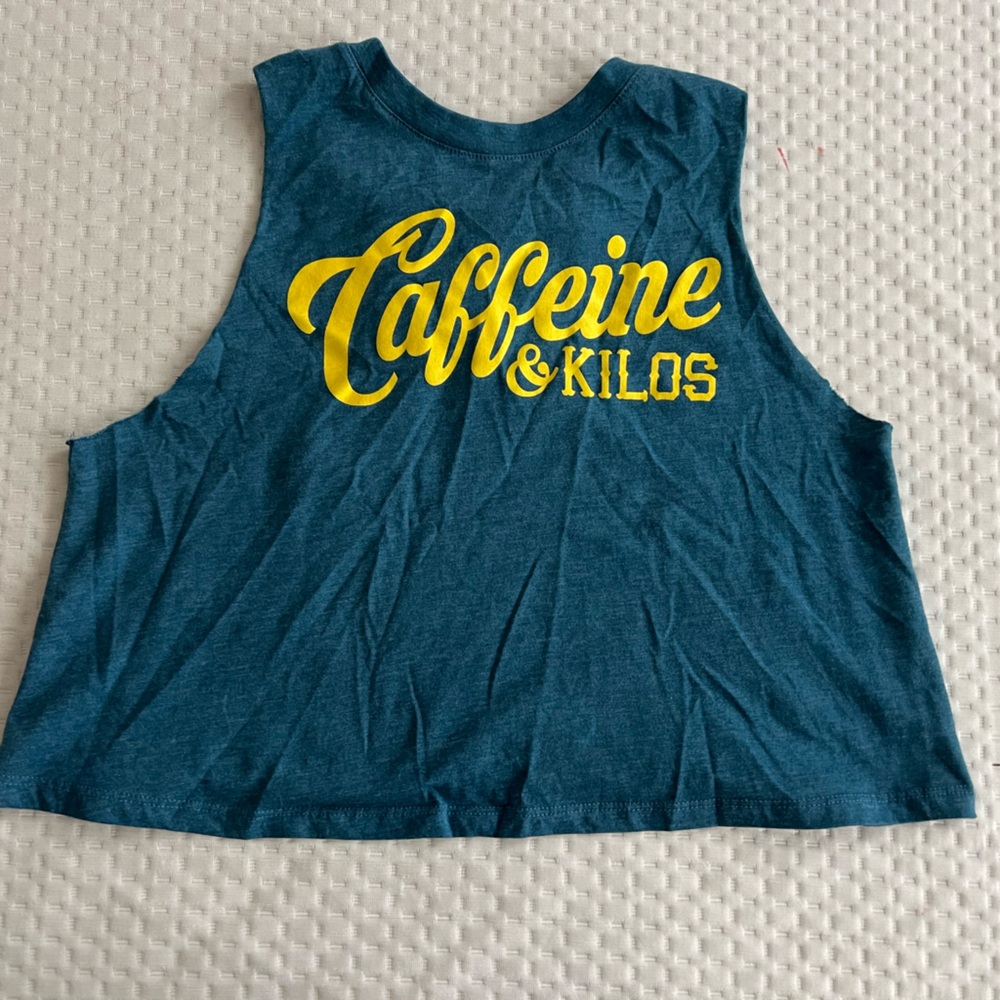 Caffeine and Kilos blue muscle crop tank, size medium